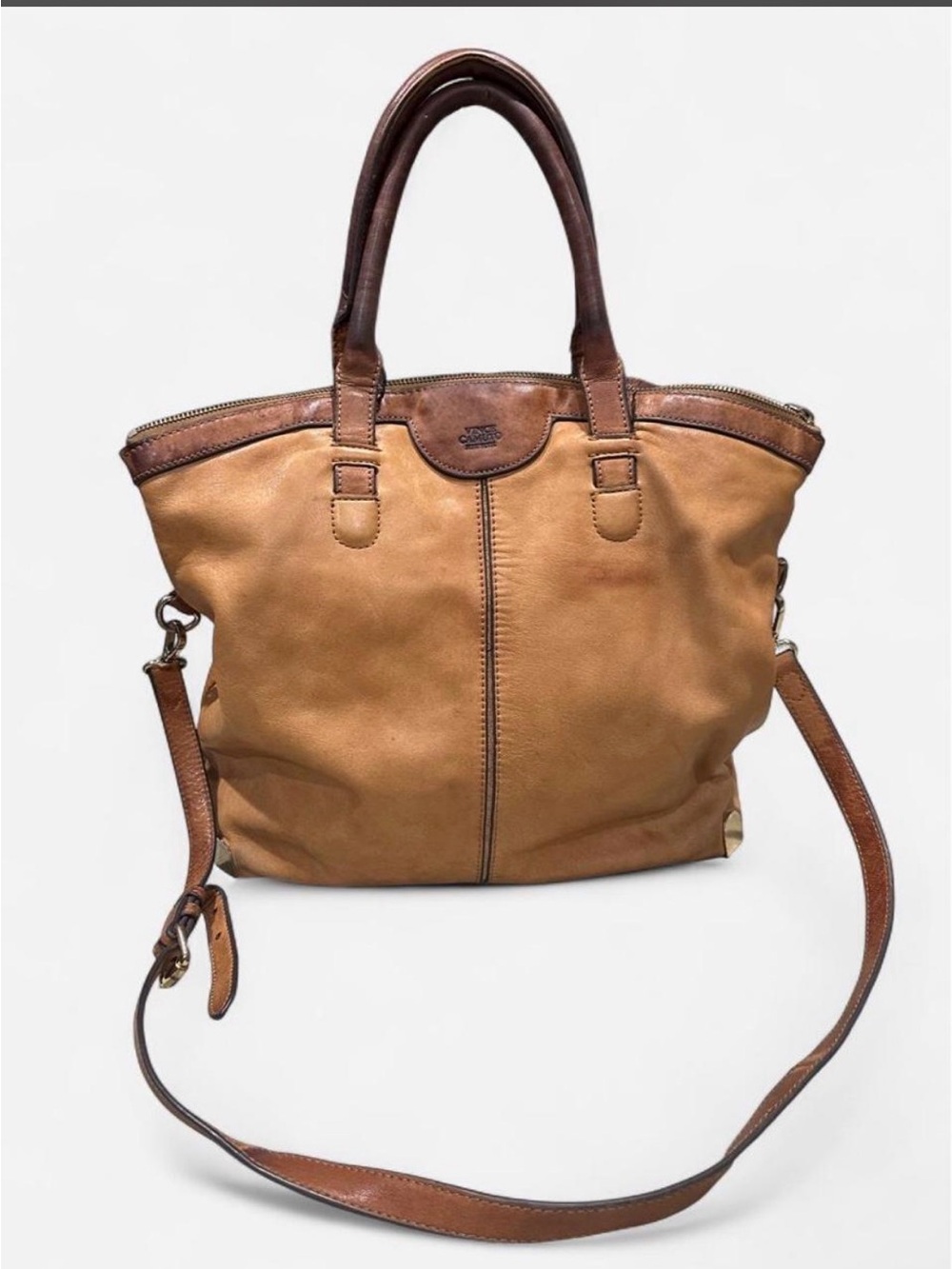 Leather Tote Shoulder Bag in Tan with Brown Trim